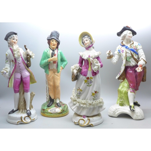 645 - A German porcelain figure of a gentleman a/f, a Victorian Staffordshire temperance figure of a gentl... 