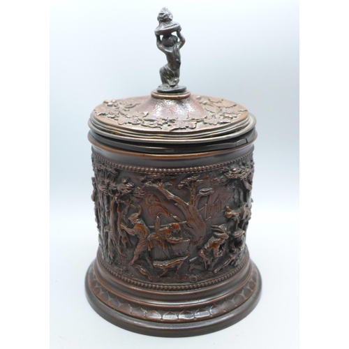 647 - An early 20th Century tobacco jar with detailed scenes, marked T&E, Paris, rim dented