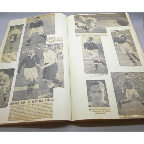 657 - A scrap album containing newspaper cuttings of early to mid century footballers and articles