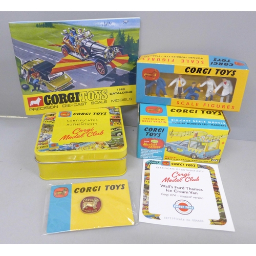 679 - A collection of Corgi Model Club items including Wall's musical ice cream van 474, 1969 catalogue, C... 