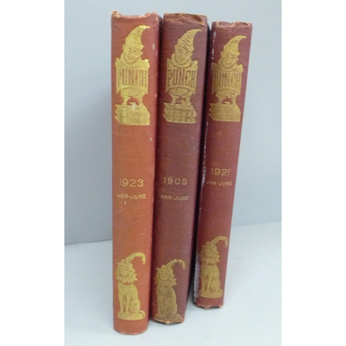 683 - Three hard bound volumes of Punch, red cloth with gold embossed covers, (Jan 1905, 1921 and 1923)