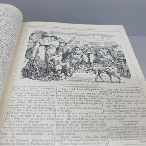 683 - Three hard bound volumes of Punch, red cloth with gold embossed covers, (Jan 1905, 1921 and 1923)