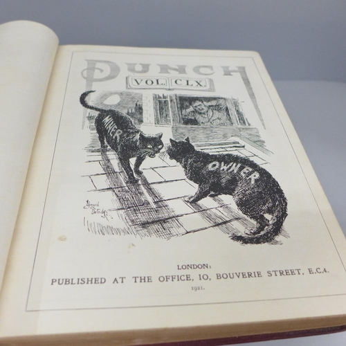683 - Three hard bound volumes of Punch, red cloth with gold embossed covers, (Jan 1905, 1921 and 1923)