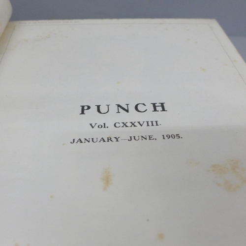 683 - Three hard bound volumes of Punch, red cloth with gold embossed covers, (Jan 1905, 1921 and 1923)