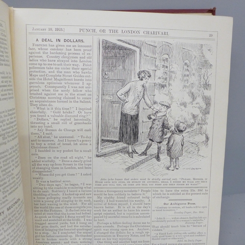 683 - Three hard bound volumes of Punch, red cloth with gold embossed covers, (Jan 1905, 1921 and 1923)