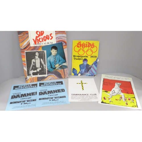 699 - Punk, Sid Vicious family album, two The Damned flyers, a Skids Propaganda booklet and a later T-Rex ... 