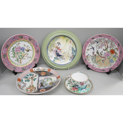 712 - Two plates marked Macau, other plates and a cup and saucer**PLEASE NOTE THIS LOT IS NOT ELIGIBLE FOR... 