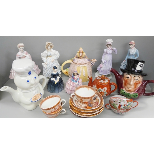 721 - A collection of mixed china including Oriental, two teapots, a cookie jar, six figures, 2x Royal Dou... 