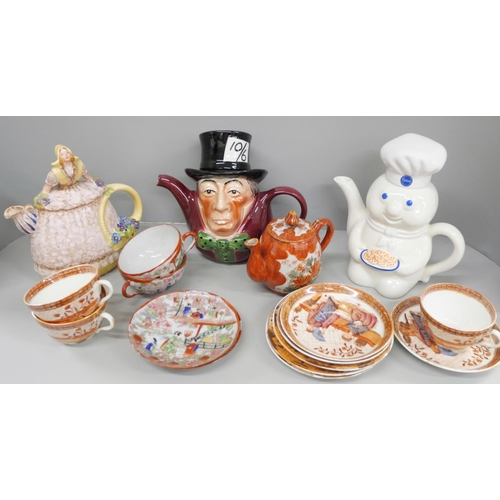 721 - A collection of mixed china including Oriental, two teapots, a cookie jar, six figures, 2x Royal Dou... 