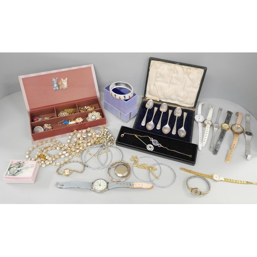 738 - Costume jewellery, wristwatches and a cased set of silver plated tea spoons