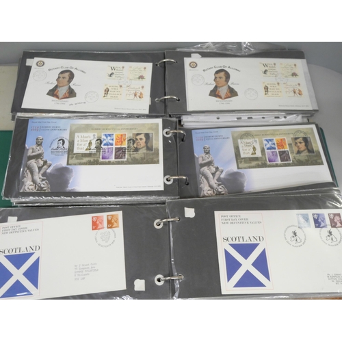 753 - Stamps; Scotland, three albums of first day covers, two mainly Robert The Bruce commemorative issues... 