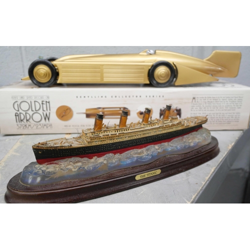 757 - A Schylling Collector Series 1929 Land Speed Record Car, Golden Arrow, and a model of The Titanic