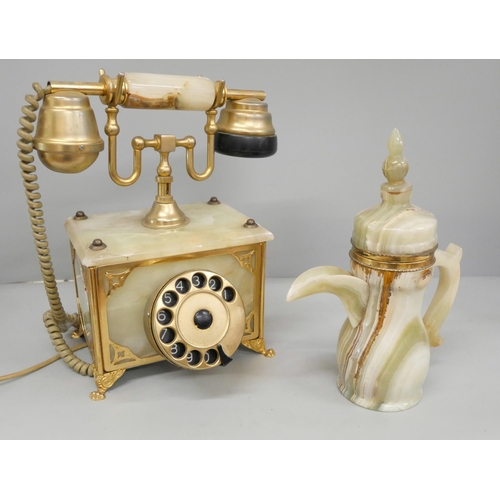 773 - An onyx telephone and coffee pot, (phone chipped)