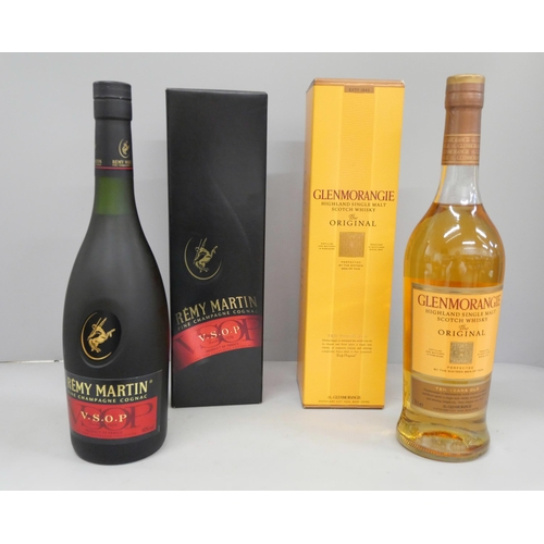 777 - Two bottles; Glenmorangie single malt whisky and Remy Martin cognac