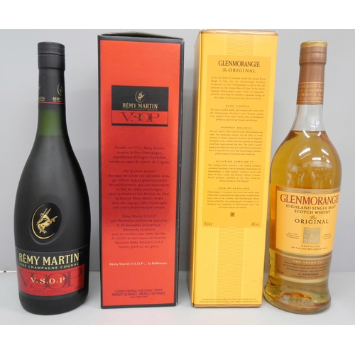 777 - Two bottles; Glenmorangie single malt whisky and Remy Martin cognac