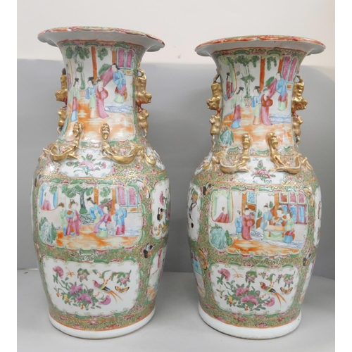 787 - A pair of famille verte Chinese export porcelain vases, 45cm, one with hairline crack