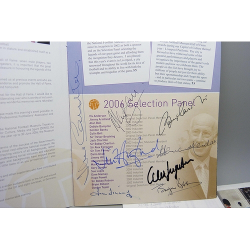 808 - A Football Hall of Fame menu with many autographs, including Bobby Charlton, Alex Ferguson, Tom Finn... 