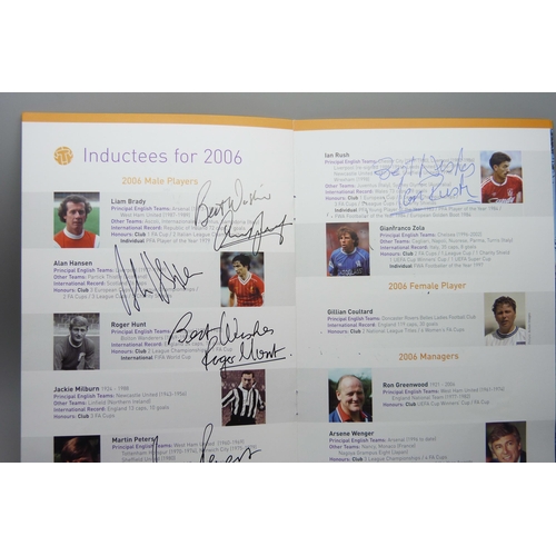 808 - A Football Hall of Fame menu with many autographs, including Bobby Charlton, Alex Ferguson, Tom Finn... 