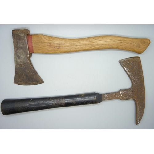 812 - A WWII German foot soldiers axe and a WWII period British fireman's axe