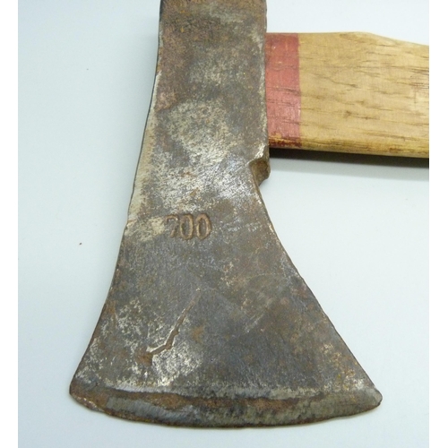 812 - A WWII German foot soldiers axe and a WWII period British fireman's axe