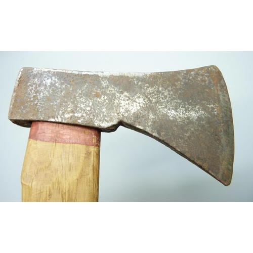 812 - A WWII German foot soldiers axe and a WWII period British fireman's axe