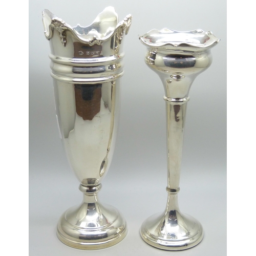 817 - Two silver posy vases - largest Birmingham 1959, 20.5cm, and Birmingham 1915, both with weighted bas... 