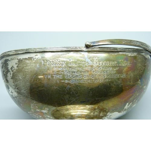 818 - A silver sugar basket with engraving, hallmarks worn, 93g, 13 x 8cm