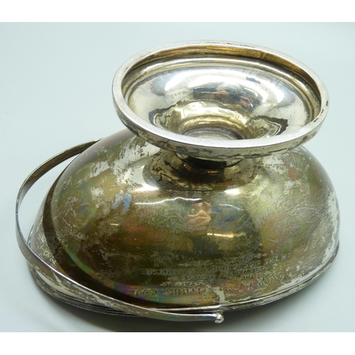 818 - A silver sugar basket with engraving, hallmarks worn, 93g, 13 x 8cm