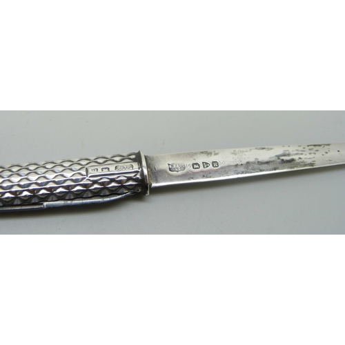 827 - A late Victorian Sampson Mordan silver letter opener with penknife handle, 19g, 15cm