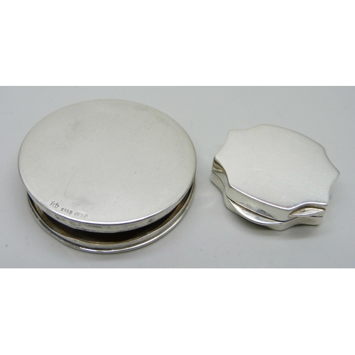 830 - An engraved silver pill box and a German .835 silver powder compact, 5cm, 49g total