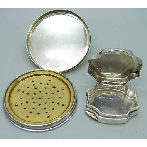 830 - An engraved silver pill box and a German .835 silver powder compact, 5cm, 49g total