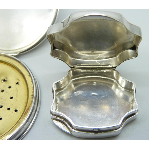 830 - An engraved silver pill box and a German .835 silver powder compact, 5cm, 49g total