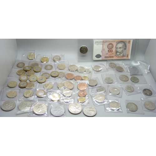 834 - A collection of coins; two 1965 Churchill crowns, 8 half-crowns, one crown, 7 florins, 25 old £2 coi... 