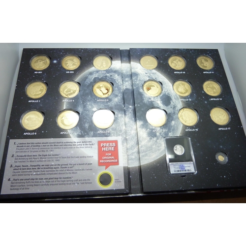 839 - An Apollo Mission set of cased commemorative coins including a Space Flown coin, 148/500, and a 14ct... 