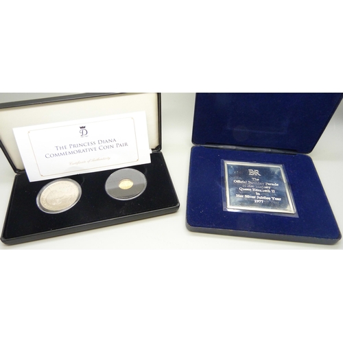 848 - A Princess Diana Commemorative Coin Pair with a 1g 9ct gold coin included, together with a Danbury M... 