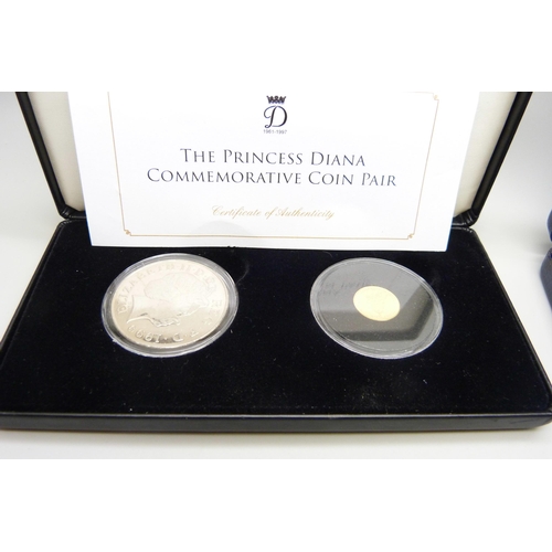 848 - A Princess Diana Commemorative Coin Pair with a 1g 9ct gold coin included, together with a Danbury M... 