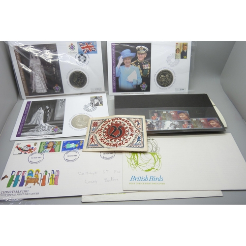 853 - Three Queen Elizabeth II commemorative coin covers, three first day covers and a 1921 25 Mark silk