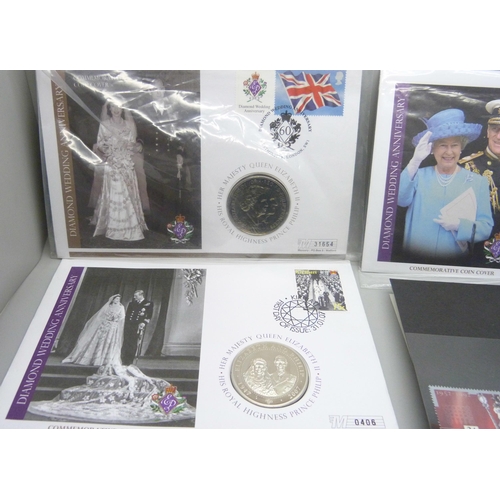 853 - Three Queen Elizabeth II commemorative coin covers, three first day covers and a 1921 25 Mark silk