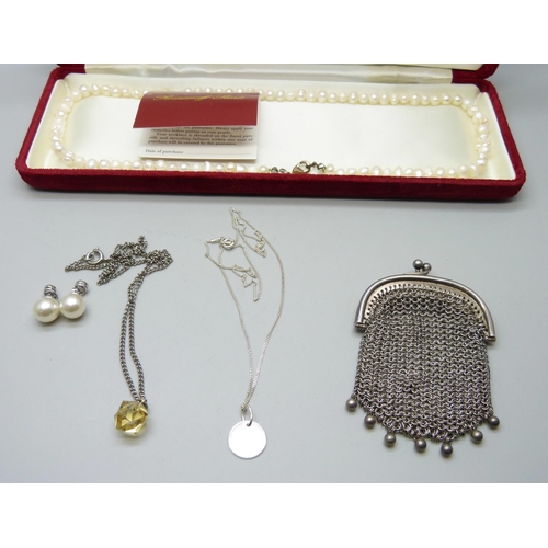 854 - A metal chainmail purse, a silver necklace, a pair of faux pearl earrings, a string of pearls and a ... 