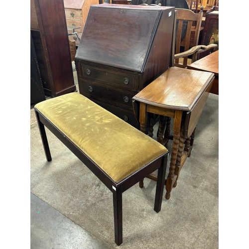 207 - An Edward VII inlaid mahogany bureau, a mahogany duet stool and an oak barleytwist gateleg table