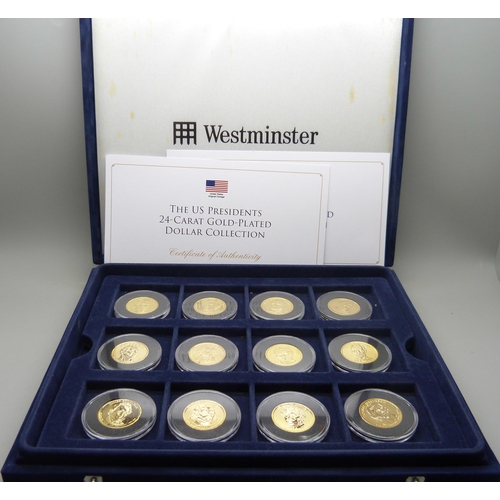 863 - A cased set of 16 gold plated US Presidents $1 coins with certificate