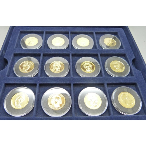 863 - A cased set of 16 gold plated US Presidents $1 coins with certificate