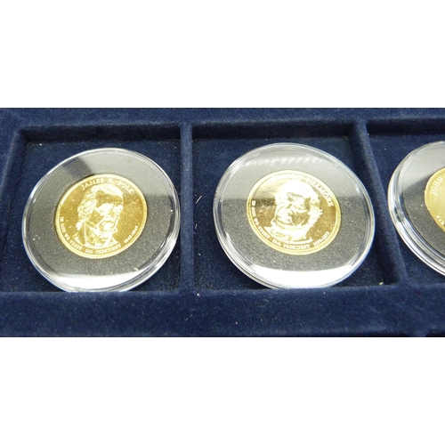 863 - A cased set of 16 gold plated US Presidents $1 coins with certificate