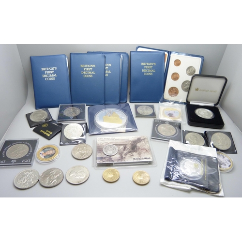 866 - Two silver proof five pound coins and a 1966 US half dollar together with other commemorative crowns... 