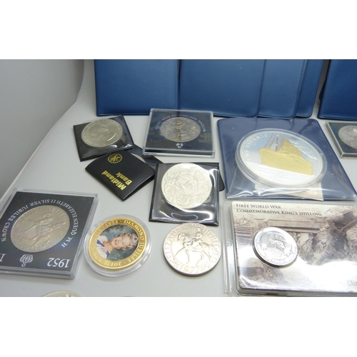 866 - Two silver proof five pound coins and a 1966 US half dollar together with other commemorative crowns... 