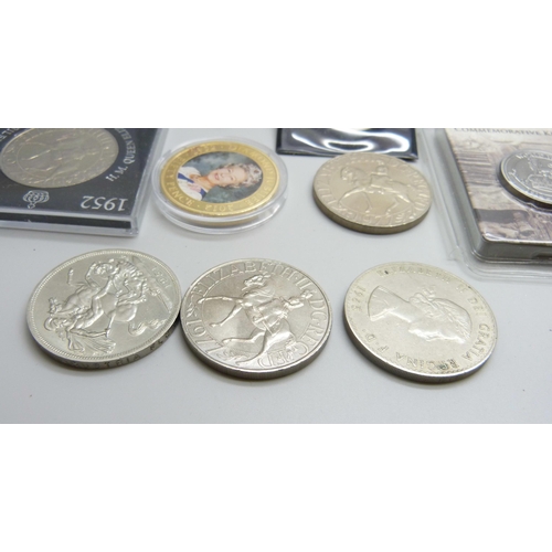 866 - Two silver proof five pound coins and a 1966 US half dollar together with other commemorative crowns... 