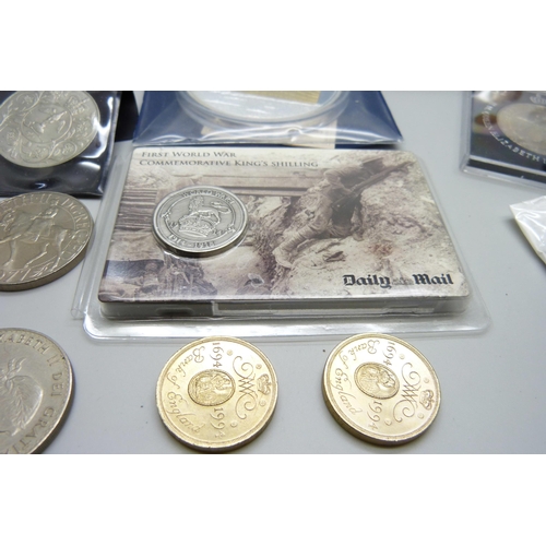 866 - Two silver proof five pound coins and a 1966 US half dollar together with other commemorative crowns... 