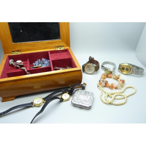 870 - A jewellery box containing wristwatches and costume jewellery