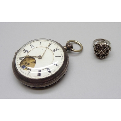 904 - A silver fusee pocket watch, a/f, and a silver and marcasite set ring watch, M