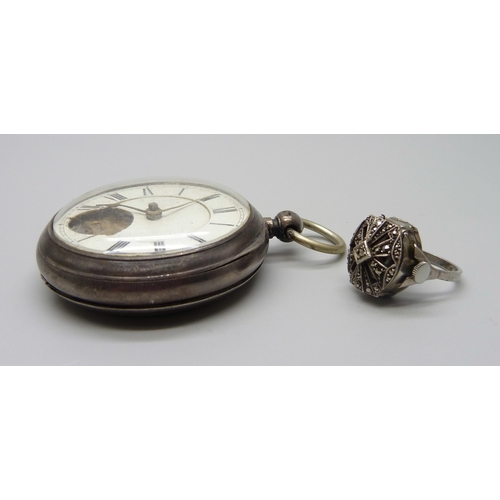 904 - A silver fusee pocket watch, a/f, and a silver and marcasite set ring watch, M